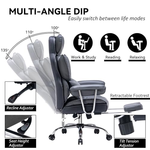 Efomao Big and Tall Office Chair with Footrest, 400LBS PU Leather High Back Executive Office Chair with Lumbar Support, Wide Computer Chair for Home Office, Dark Grey