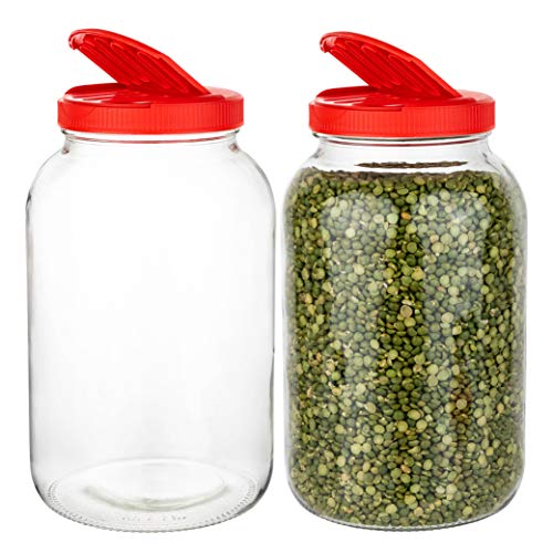 2 Pack - 1 Gallon Mason Jar - Glass Jar Wide Mouth with Plastic Lid - Container for Storing Dry Foods, Spices, Pasta, Legumes and Pet Food - Red Slotted Pour Cap