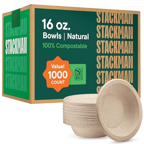 100% Compostable Paper Bowls 16 oz. [1000 Count] Heavy-Duty Soup Bowls - Natural Brown Color Unbleached Bagasse Bowls - Eco-Friendly Disposable Biodegradable Sugarcane - [Bulk Case 8/125 Pack]