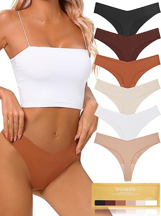 Seamless Thongs for Women No Show Thong V-Waisted Stretch Breathable Sexy Panties Underwear 3 Pack Beige
