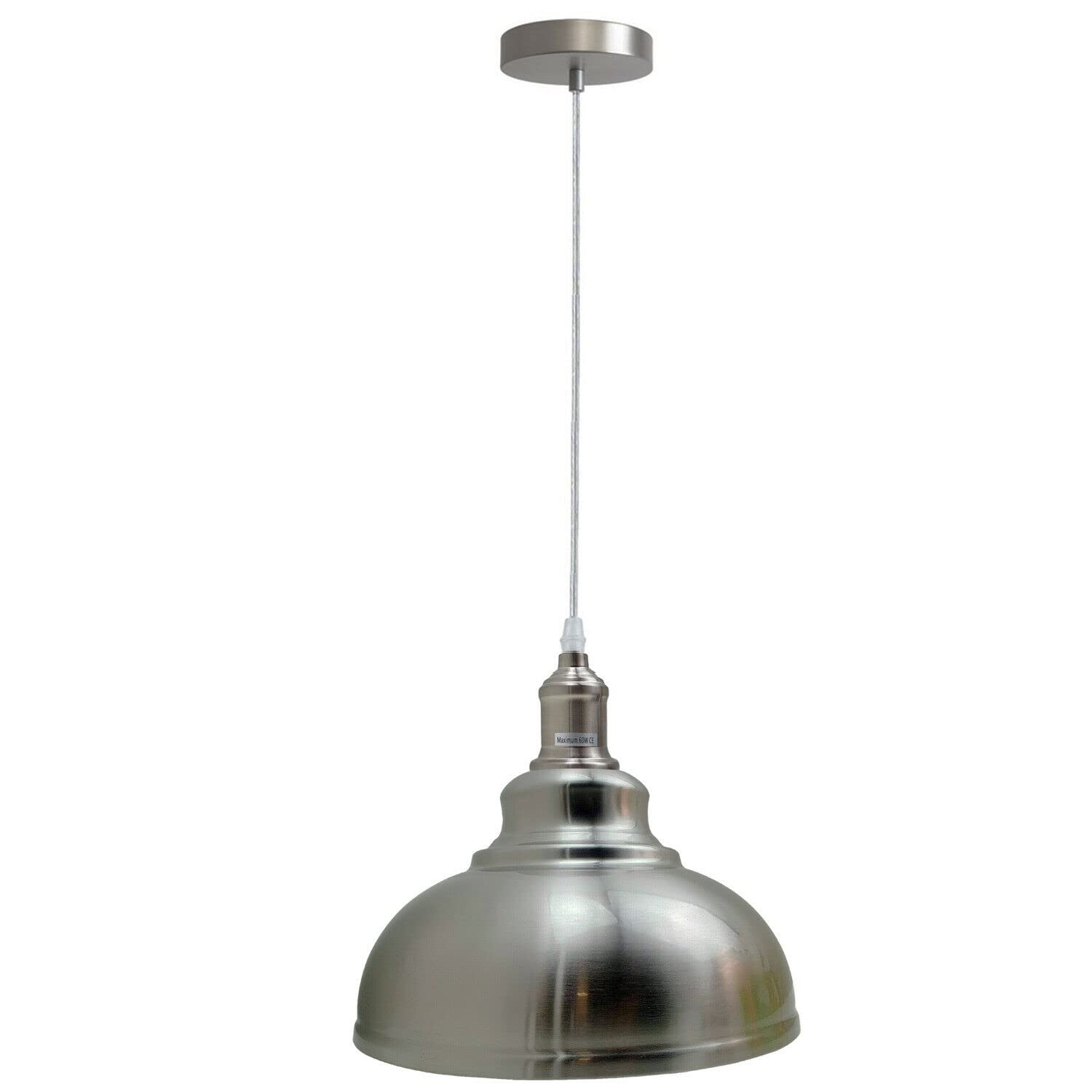 DC Voltage Single Indoor Nickel Ceiling Pendant Light 29cm Fitting Industrial Loft Suspension E27 Lighting for Bedroom, Hall, Dining Room, Lounge