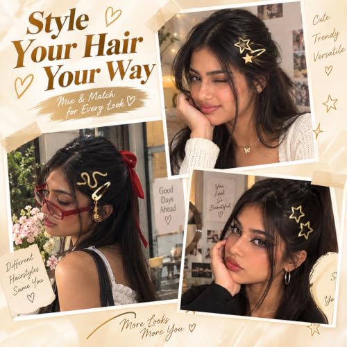 Image of MAYCREATE 15Pcs Gold Y2K Snap Hair Clips Heart Star Metal Barrettes Girls