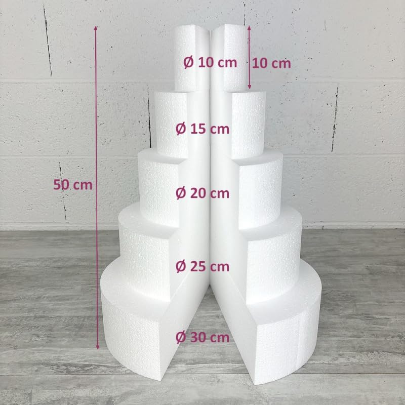 Lealoo Pièce montée en polystyrène coupée en 2 Parties, Base Ø 30cm à 10cm, Hauteur Totale 50 cm, Dummy pour gâteau Styropor