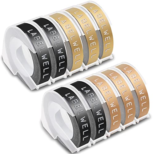 Labelwell 9mm x 3m Kompatibel 3D Prägeband Ersatz für Dynmo Vinyl-Prägeetiketten Selbstklebend für Dynmo Omega Etikettenprägegerät Junior Prägegerät E-303 E-101, Schwarz/Gold/Champagnergold