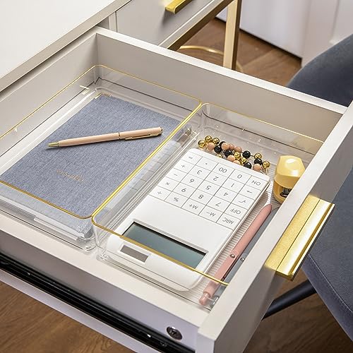 Image of Martha Stewart Kerry Plastic Stackable Office Desk Drawer Organizers, 9 inch x 6 inch, 3 Pack, with Gold Trim