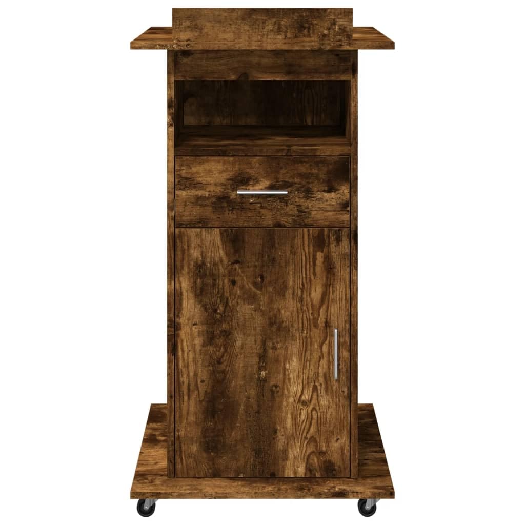Scrivania in legno di rovere affumicato con ruote, piano superiore inclinabile, cassetto, 55 x 55 x 107 cm, segretario mobile per ufficio, casa, presentazione, spazio di archiviazione