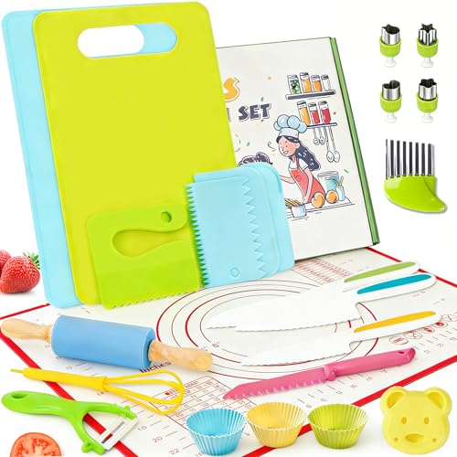 Ciphuoly Kindermesser Set 23 Teile - Kinder Backset mit Messer und Schneidebrett Montessori Spielzeug zum Ausstechen und Kneten Sichere Plastikmesser für Kinder
