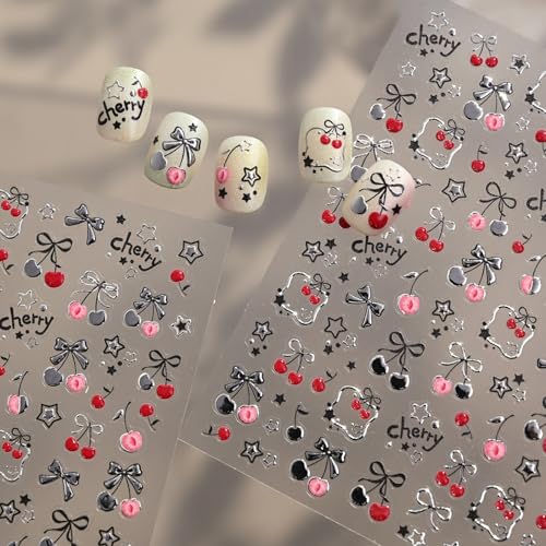 Image of Cherry Bow Nail Stickers Silver Nail Decals 5D Embossed Self Adhesive with Star Design DIY Manicure Cute Charms Supply Decoration for Women 1 Sheets