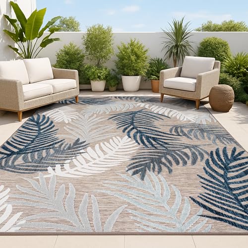 JONATHAN Y Tropical Palm Indoor Outdoor Area Rug 8X10 Brown/Navy/Ivory, Montego High-Low for...