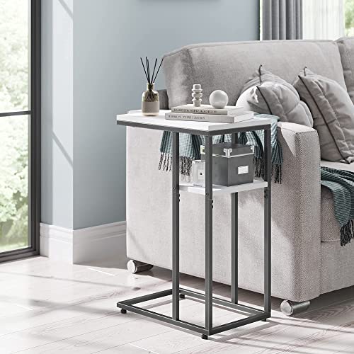 Cubicubi C Shaped End Table, Side Table For Couch And Bed, Rustic Table Living Room Bedroom, Small Table With Metal Frames, Modern Design, White #TOP4