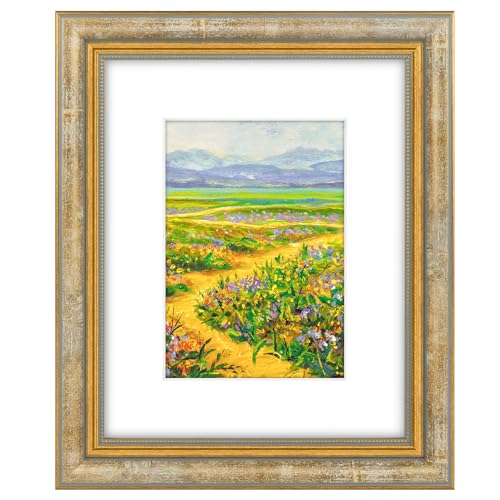 Image of Golden State Art,8x10 Ornate Picture Frame Holds 5x7 Photo,Vintage Gold | Includes real glass front,white mat,easel stand,build-in hangers and buttons.Displays 5x7 photo on wall or tabletop