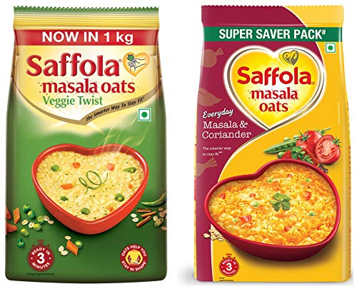 Image of Saffola Masala Oats, Veggie Twist, 1 kg + Saffola Masala Oats Masala and Coriander, 500g