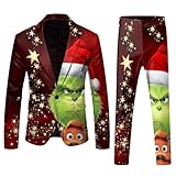 Weihnachts-Smoking-Anzüge für Herren, 2-teilig, Normale Passform, Schneefalke, Weihnachtsmann-Druck, Blazer, Jacke, Hose, Herren-Kostüm-Set