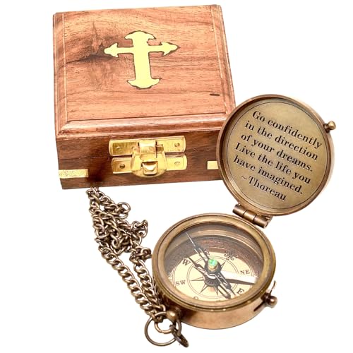 Brújula magnética antigua grabada con caja de madera miniatura 5