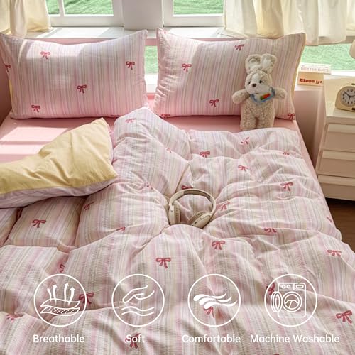 Image of BOLINLIVING Pink Bow Duvet Cover Full Size,Girls Kids Cute Striped Bowknot Yellow Duvet Cover with Pillowcase, Soft Microfiber Bedding Set for All Season with Zipper Closure and 8 Corner Ties