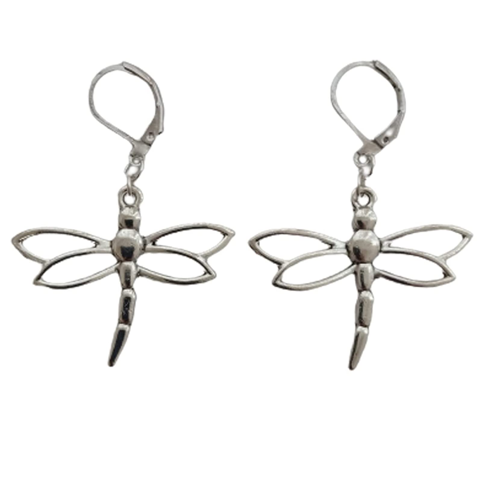 Dragonfly Lever Back Earrings, Dragonfly Clip on earrings, Big Pendant Ear Clip, Insect Gothic Jewelry, 42x32mm, Zinc, No Gemstone