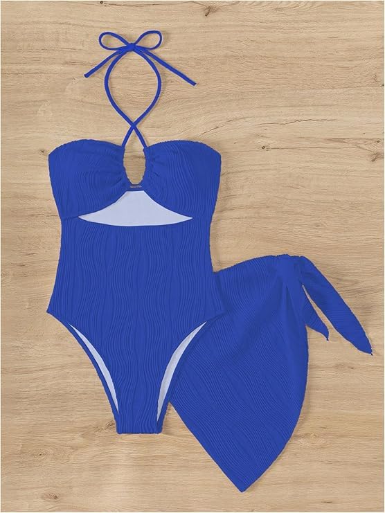 SKAYS Womens One Piece Swimsuit Texture Hollow Out Halter Bathing Suit with Cover-Up 2-Piece Sets Beach Swimwear4
