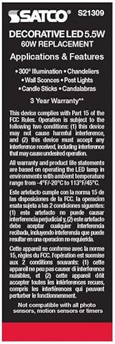 Miniatura 7 de Satco S21309/06 - Bombillas LED E12 de 5.5 W, 4000 K, clasificación de 15000 horas, regulables, paquete de 6