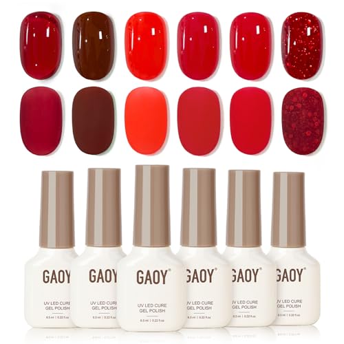 GAOY Red Gel Nail Polish Set 6 Colors Burgundy Cherry Jelly Glitter UV Light Cure Gel Polish for Nail Art DIY at Home