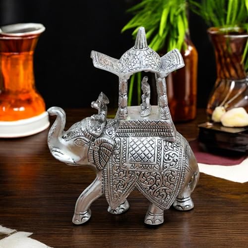 Image of KridayKraft Handcrafted Metal Elepant Kondapalli Maharaj Ambari Rajasthani Rajwadi Elephant Showpiece Statue, 24 Cm Height, 900 Gm Weight, Intricate Carvings, Silver
