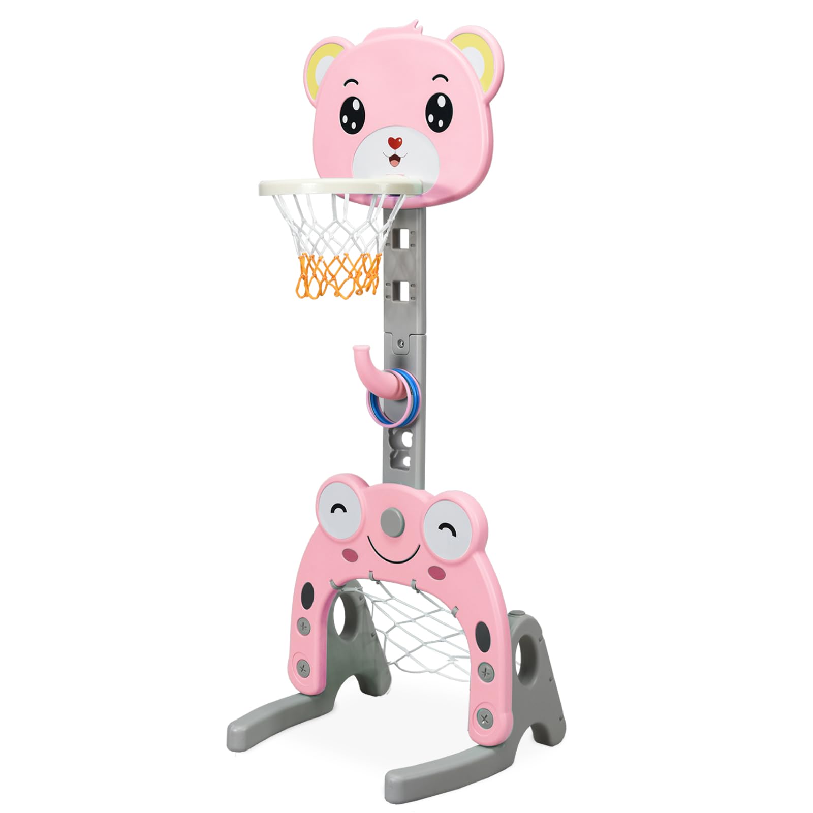 Maxmass Basketball Hoop Set, 3 in 1 Sports Activity Center with Basketball & Soccer Ball, Height Adjustable Basketball Stand for Kids (Pink)