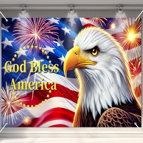 Image of BlissYard 4th of July Backdrop 8x6ft Independence Day Decorations Patriotic Eagle God Bless America Banner American Flag Fireworks Decorations for Memorial Day Independence Day Veterans Day Party Supplies