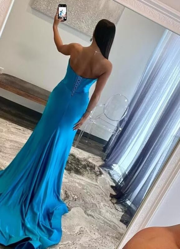 Miao Duo Mermaid Strapless Prom Dress for Women Long Cutout Satin Bow Ruched Formal Evening Gowns with Slit YZTS2292