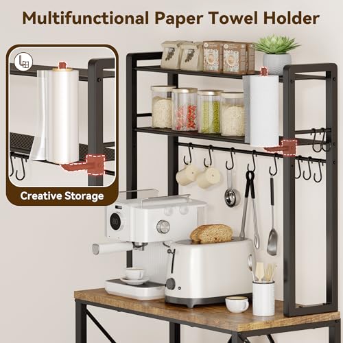 YASONIC Coffee Bar, Bakers Rack with Storage, 25.6 Inches Microwave Stand, 5 Tier Kitchen Shelves Appliance Storage, 12 S Hooks Large Coffee Station for Spices, Pots and Pans, Rustic Brown - Standing Baker's Racks - view 2