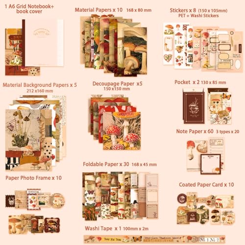 Image of The AutoStory Cottagecore Scrapbook Kit A6 Junk Journal Notebook Stickers Rustic Collage Paper Washi Tape DIY Craft Art Diary Planner Decor Gift for Teens Girls (Mushroom in the Wind, Brown)