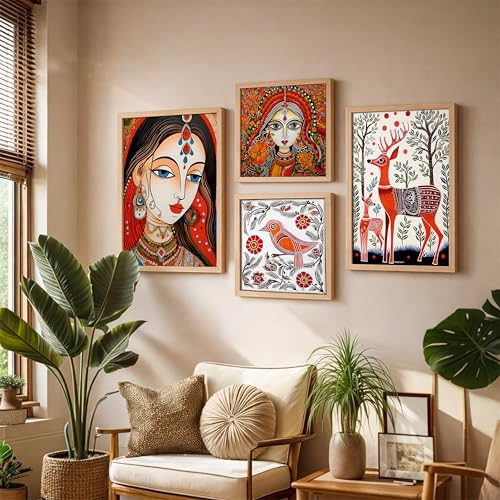 Image of NoWorries Pichwai Wall Art Framed Paintings Set of 4 | Indian Traditional Folk Art Prits with Frames for Living Room, Bedroom and Office Decor | Premium Digital Madhubani Artwork frame
