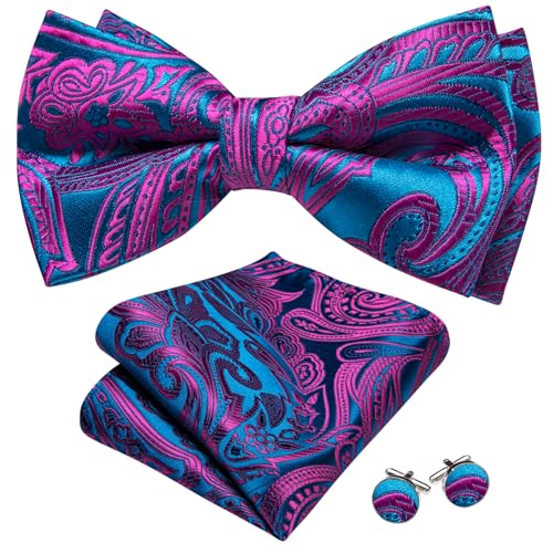 Image of Barry.Wang Paisley Striped Bow Tie for Men Silk Pre-Tied Bowtie Pocket Square Cufflinks Set Formal Wedding Party Prom