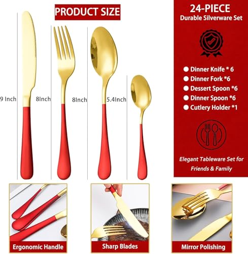 Image of 24 Pieces Flatware Set, Stainless Steel Cutlery Set with Silverware Holder, Modern Gold Silverware Set Includes Dinner Knives Forks Spoons,Hanging Silverware (Red)