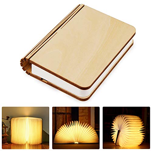 Tronisky Lámpara de Libro Plegable con LED Luces, de Madera USB Recargable, para Mesa Decorativa, Creativa, Luz Nocturna, Blanco Cálido