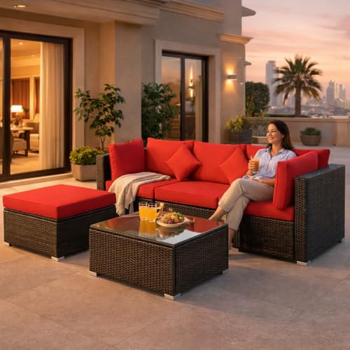 Vital 5-Piece PE Rattan Patio Furniture Set | Modular Outdoor Wicker Sofa Set with Red Cushions & Tempered Glass Coffee Table | Garden Balcony & Backyard Seating | Weather-Resistant