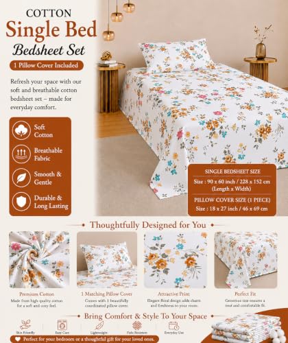 Image of IVAZA 260 TC Soft Ezyption Cotton Floral Single Bed Sheet - Single bedsheet with 1 Pillow Cover Hypoallergenic, Brethable, (Size- 90 x 60 Inch Bright Fuchsia