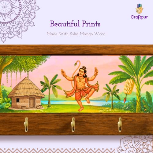 Image of Stylish Wooden Key Holder for Wall | Cute Key Holder for Home Decor | Key Holder Stand with 5 Hooks | Wall Mounted Key Hanger| (Hanuman Ji)