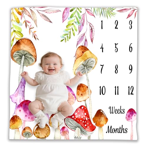 Image of Mushroom Theme Baby Monthly Milestone Blanket, Soft Flannel Watercolor Spring Tropical Eucalyptus Leaves Botanical Photography Prop Newborn Baby Shower Age Growth Tracker (Green, 48x48in)