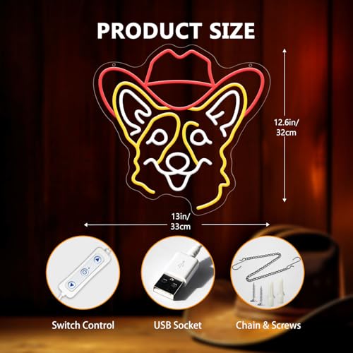 Image of Corgi Neon Signs for Wall Decor, Cute Dog Neon Sign Dimmable Cowboy Hat Neon Light Sign for Pet Shop Bedroom Party Decor, Animal LED Light Up Sign for Birthday Gifts Boys Girls