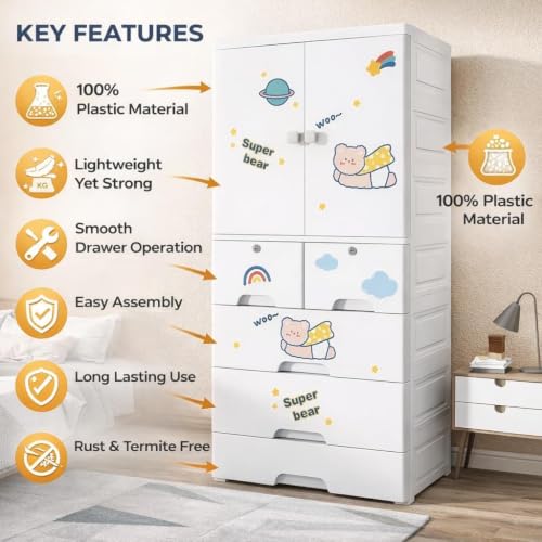 Image of Kids Plastic Collapsible Wardrobe Organizer for Storage with Drawers | Cute Cartoon Design | Heavy Duty Runner Rug Floor Mat Carpets Organizer Bedroom, Living Room (HSM-Bear, 1+4-Door)