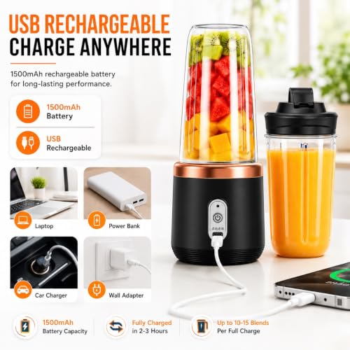 Image of Portable Blender USB Rechargeable Personal Juicer Mixer | 6 Stainless Steel Blades | 3 Speed Modes | 1500mAh Battery | Mini Smoothie Maker for Shakes, Juice & Protein Drinks | Assorted Color