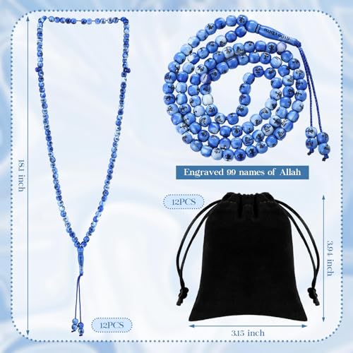 Image of Ferreve 12 Sets Muslim Tasbih 99 Rosary Prayer Beads 8mm Islam with Allah Names Engraved for Muslim Gift, Islamic Ceremony Religious Gift for Men and Women(Blue)
