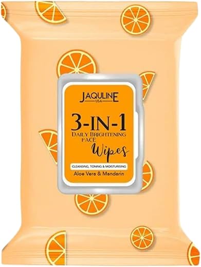 Jaquline USA 3-in- 1 Daily Skin Brightening Wipes – Enriched with the Goodness of Aloe Vera & Mandarin | Helps Cleansing, Toning and Moisturizing the Skin, 30 Pieces
