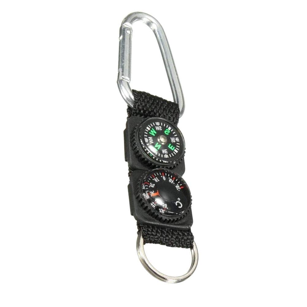 Mini Bussola Portatile Con Termometro E Moschettone. Kit Multifunzione Da Campeggio E Sopravvivenza. Perfetta Da Agganciare Allo Zaino O Al Portachiavi Per Escursioni, Trekking E Attività Outdoor. Design Compatto In Metallo E Tessuto, Colore Argento E Nero.