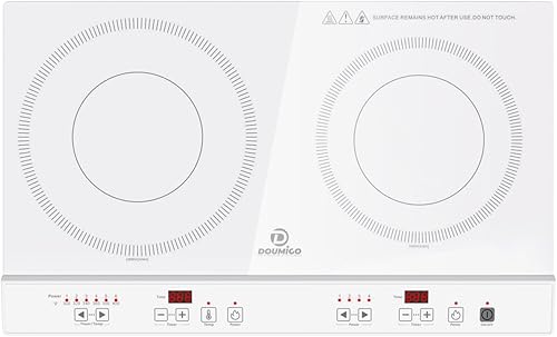 Doumigo Placa de inducción, 120 V, 2 quemadores, estufa eléctrica con pantalla táctil de superficie lisa, 8 opciones de temperatura con bloqueo de