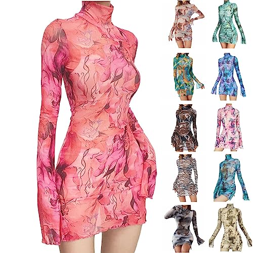 Womens Summer Dresses Floral Mesh Split Frill Trim Bodycon Mini Dress Mock Neck Flared Long Sleeve Bikini Cover Up Dress
