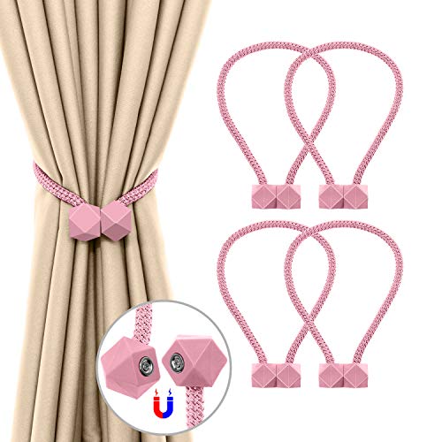 JIRVY 4 Pack Magnetic Curtain Tiebacks Decorative Window Drape Twist Tie Backs Octagon Style Curtain Holdbacks for Home Kitchen Office Window Decoration (Pink, 4 Pack)