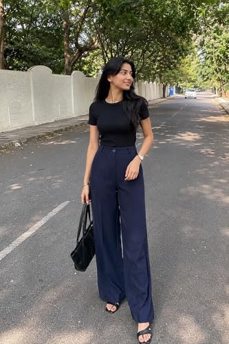 Image of Korean Pants for Woman | High Waist Wide Leg Trouser | Formal Office Casual Wear | Zero See-Through Semi-Stretchable Fabric