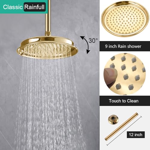 Sistema de ducha de lluvia dual con grifo antiguado y mano libre | Acabado dorado, chapado multicapa, lluvia vintage, válvula de derivación de 3 vías en latón con kit de revestimiento, fácil instalación miniatura 3