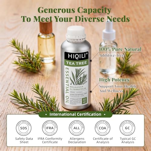 Image of HIQILI Tea Tree Oil 32 Fl Oz, for Skin, Hair, Nail, Diffuser, Soap Making, Includes Four Portable Decanters