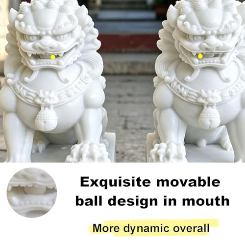 Pareja de Estatuas de Perros Foo de Mármol Blanco Feng Shui miniatura 3